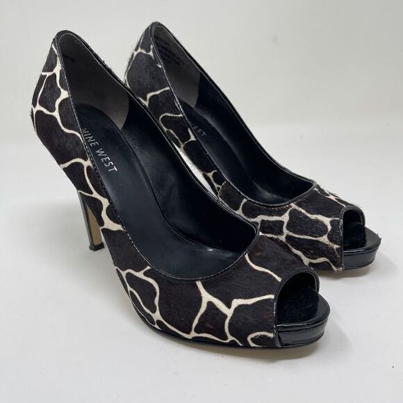 Nine West Women's Stiletto Calf Hair Giraffe Peep Toe Heels Black White Size 7.5 - Picture 1 of 10